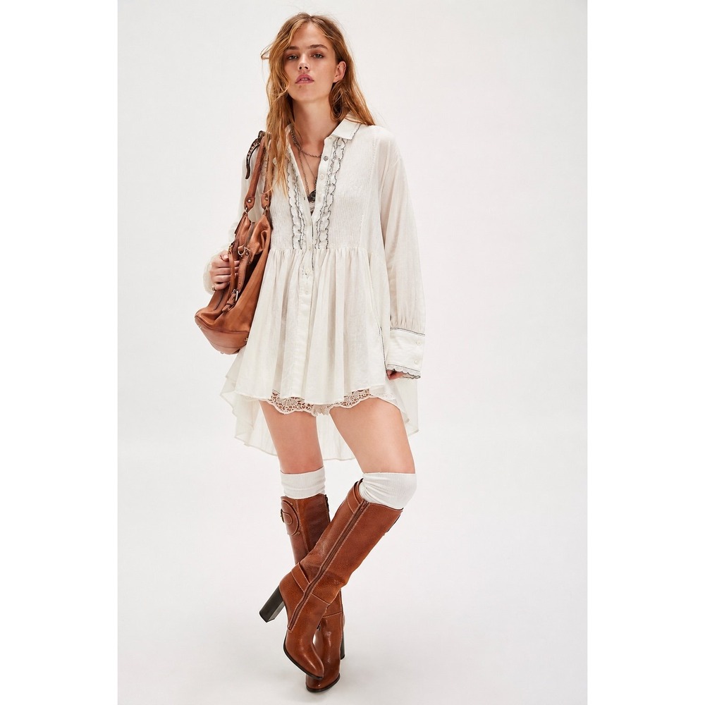 Free People Teddy Tux Tunic Ivory Ruffle Button Down High Low Top Size S